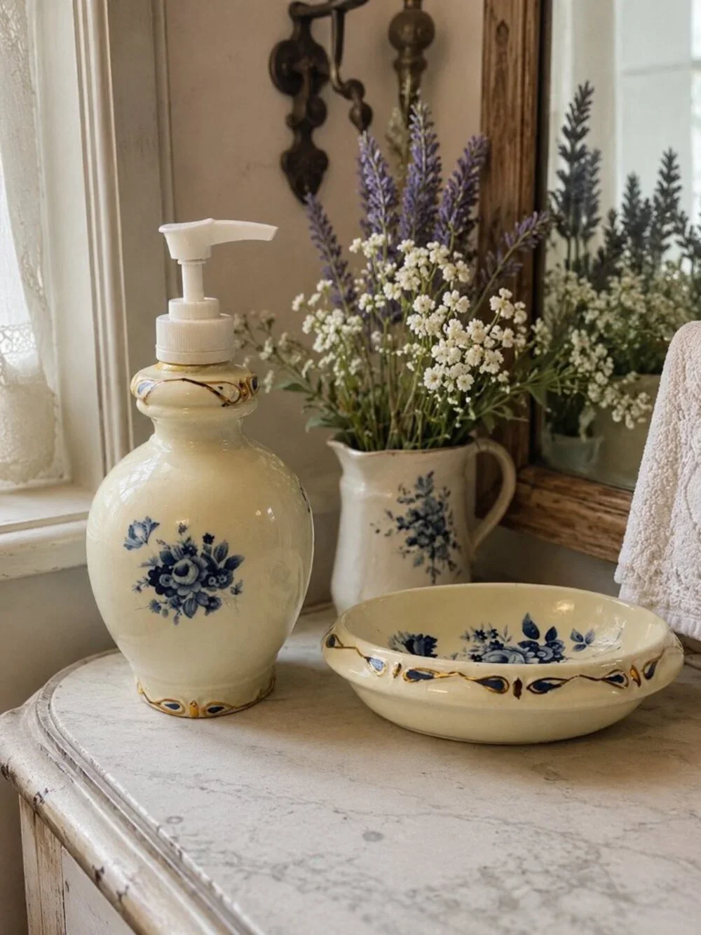 Ceramic Soap Dispenser & Soap Dish Set – Blue Floral Gold Trim